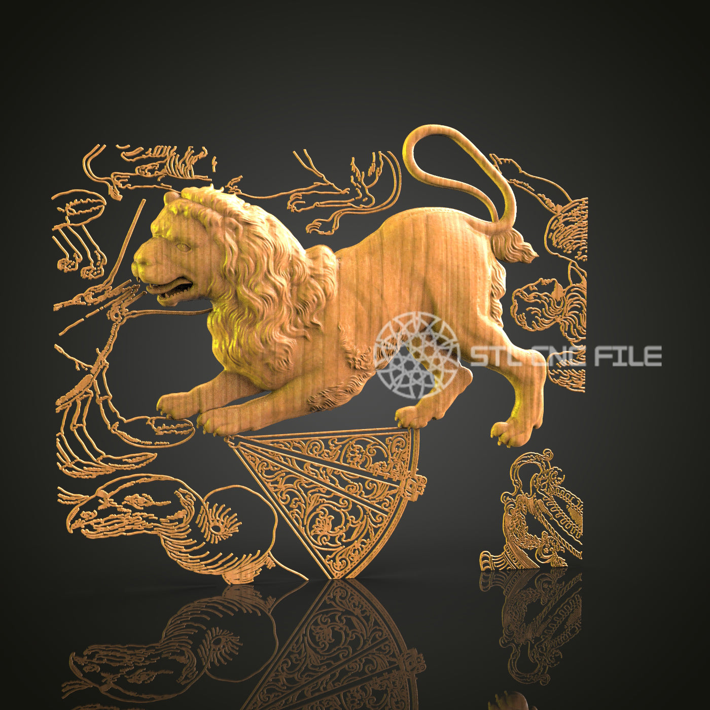 Majestic 3D Carved Lion with Heraldic Elements STL File for CNC and 3D Printing - Ornate Relief Art, Wall Decor, Digital Download