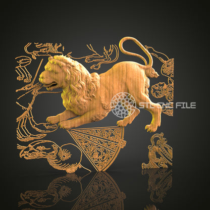 Majestic 3D Carved Lion with Heraldic Elements STL File for CNC and 3D Printing - Ornate Relief Art, Wall Decor, Digital Download