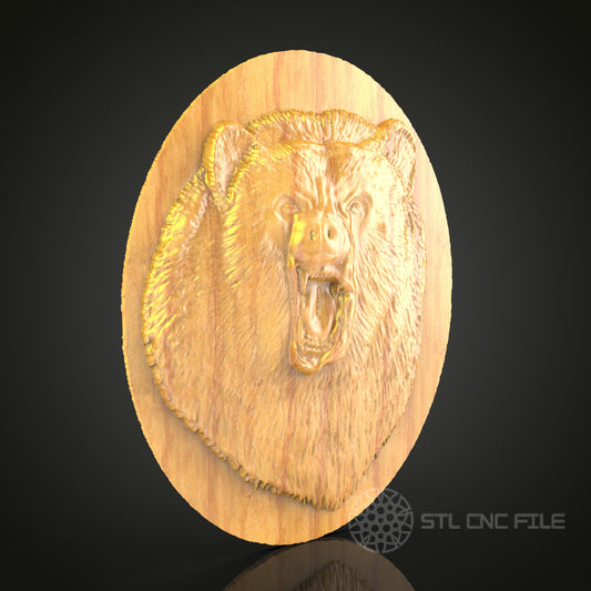 Fierce Bear Portrait STL File for CNC, 3D Wood Carving, Wildlife Art, Router Engraving, Circular Wall Decor