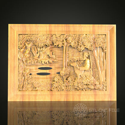 Lakeside Wildlife 3D Relief STL File for CNC, Tranquil Nature Wood Wall Art