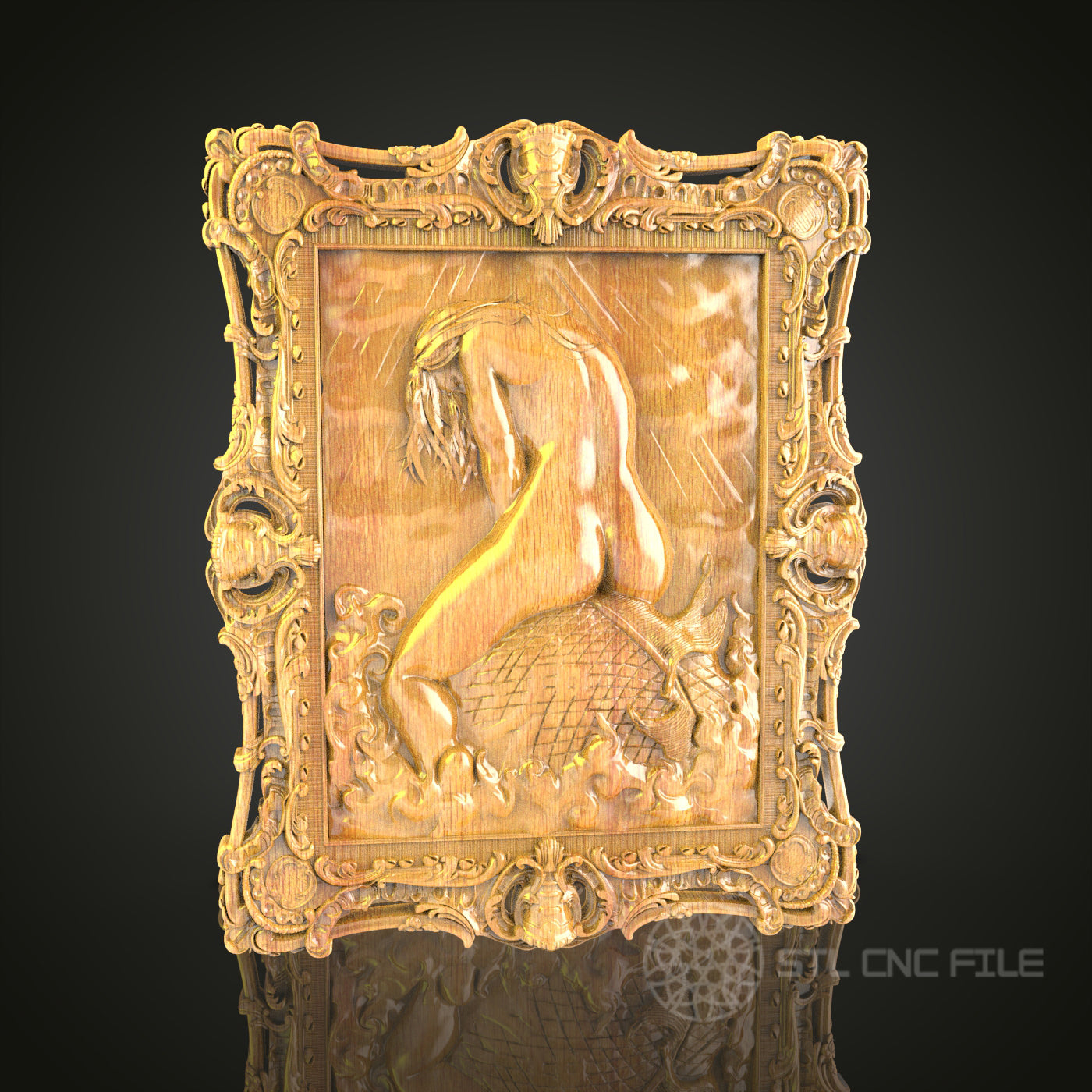 Mermaid Fantasy 3D Relief Model for CNC – Nautical Myth Art, Ornate Frame Wood Carving