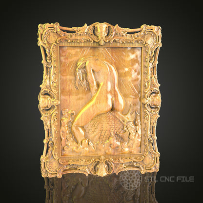 Mermaid Fantasy 3D Relief Model for CNC – Nautical Myth Art, Ornate Frame Wood Carving
