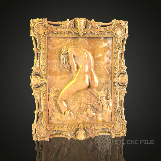 Mermaid Fantasy 3D Relief Model for CNC – Nautical Myth Art, Ornate Frame Wood Carving