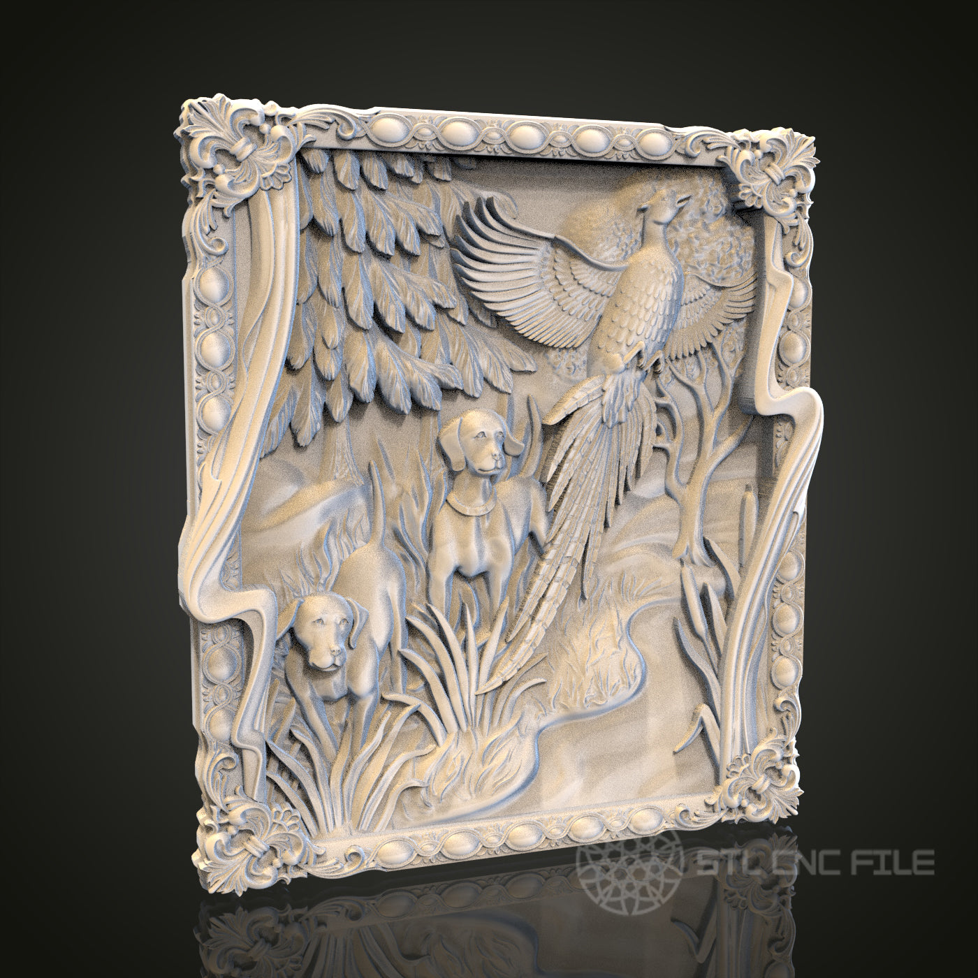 Ornate Hunting Scene Relief STL Model for CNC and 3D Printing, Artcam, Aspire, Wall Decor
