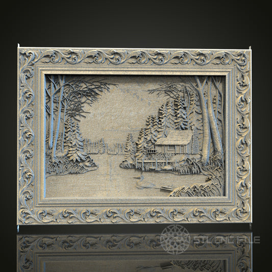 Serene Cabin by the Lake Relief STL Model for CNC and 3D Printing, Artcam, Aspire, Wall Decor