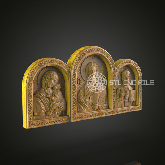 Triptych of Saints CNC Router Engraved Wood Panel - Sacred Art for Church, Home Altar, or Religious Collection