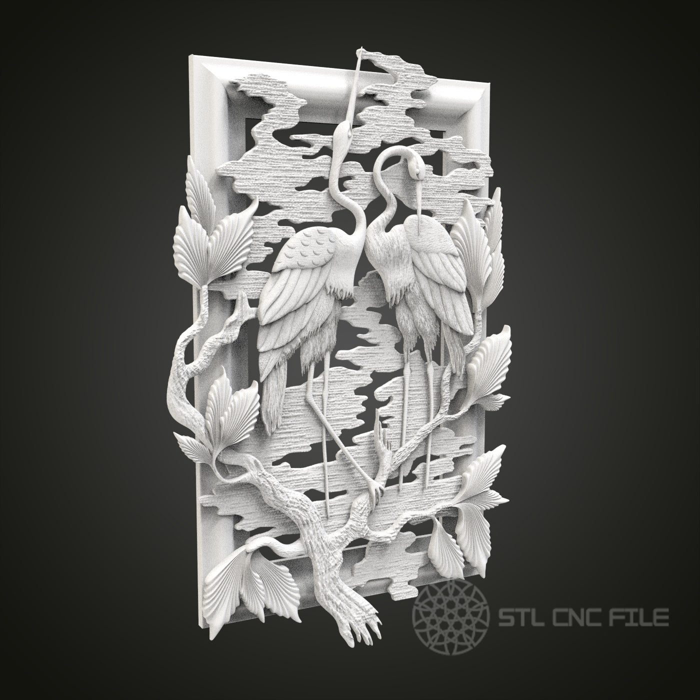 Graceful Cranes Relief - 3D CNC Engraved Wood Panel, Artcam Aspire STL Model for CNC Router, Nature Wall Art