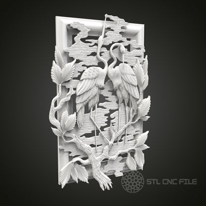 Graceful Cranes Relief - 3D CNC Engraved Wood Panel, Artcam Aspire STL Model for CNC Router, Nature Wall Art