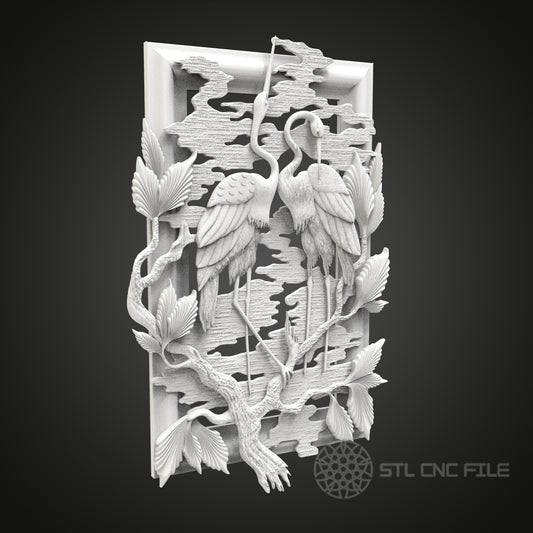 Graceful Cranes Relief - 3D CNC Engraved Wood Panel, Artcam Aspire STL Model for CNC Router, Nature Wall Art
