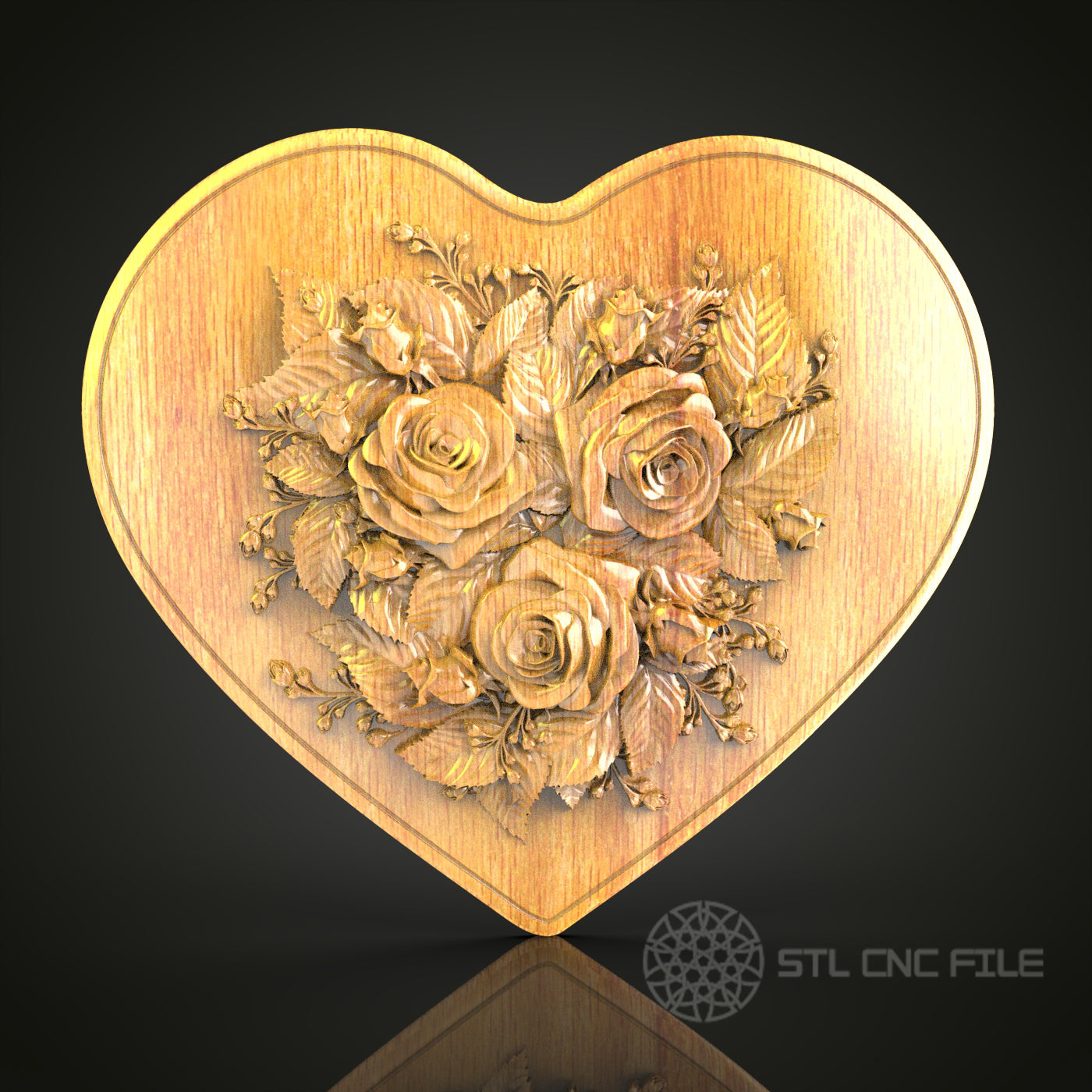 Romantic Roses Heart 3D Relief Model for CNC – Floral Love Theme, Wood Carving File