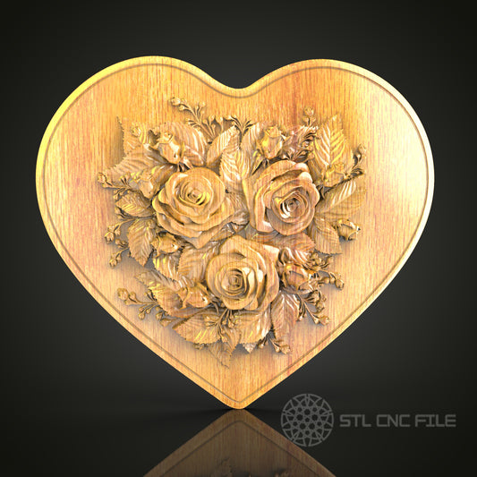 Romantic Roses Heart 3D Relief Model for CNC – Floral Love Theme, Wood Carving File