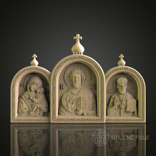 Orthodox Religious Triptych Relief STL Model for CNC Router, Aspire, Artcam, 3D Printer, Wall Decor, Wood Art