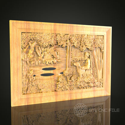 Lakeside Wildlife 3D Relief STL File for CNC, Tranquil Nature Wood Wall Art
