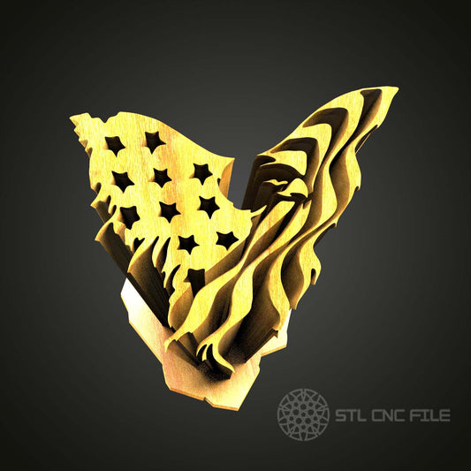 Eagle with Flag Wings 3D Model - STL for CNC Router Engraver, Artcam, Aspire, CNC Files, Wood Art Wall Decor