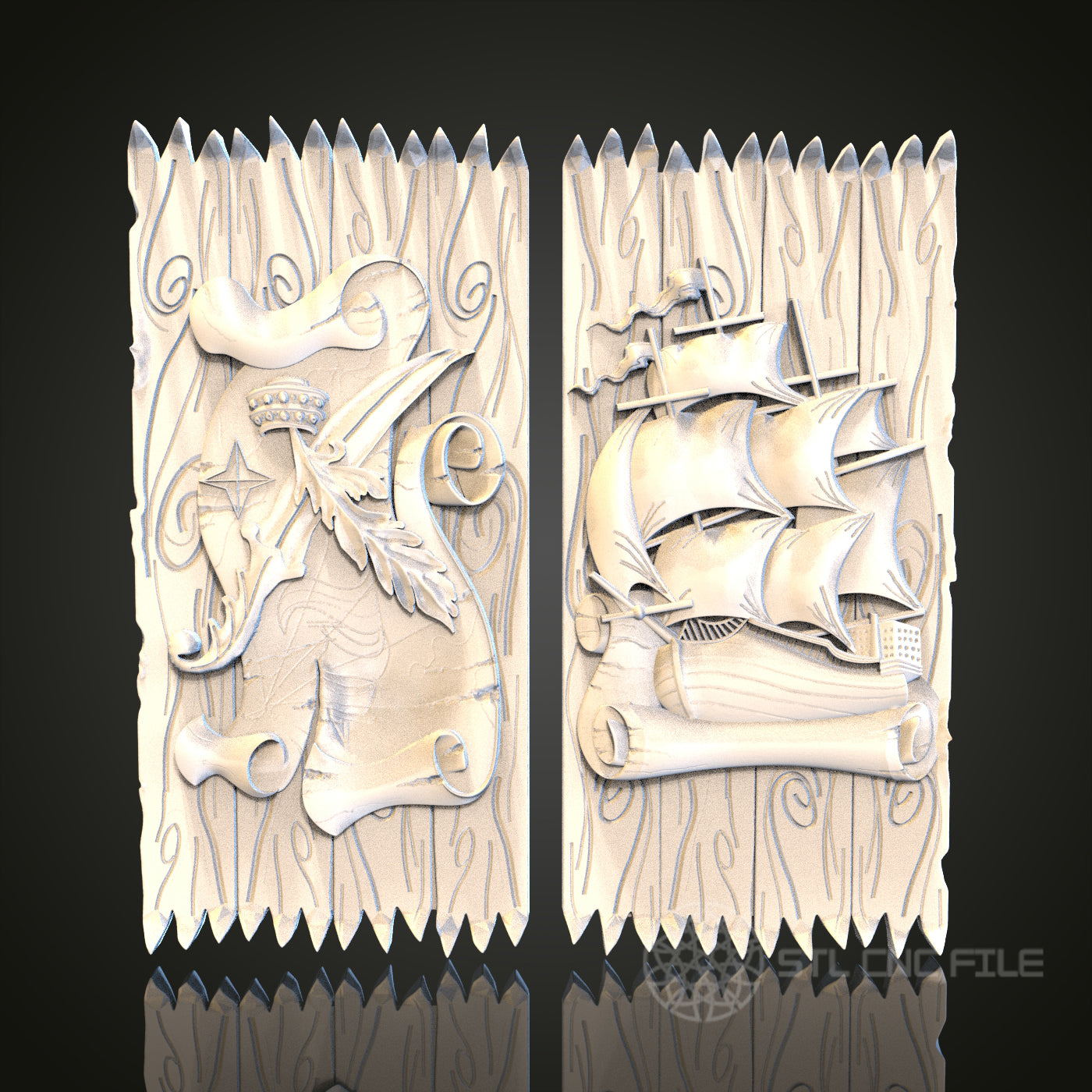 Dragon and Ship Panels 3D STL File, CNC and 3D Printer Model, Fantasy Art, Artcam Aspire, Themed Wall Decor