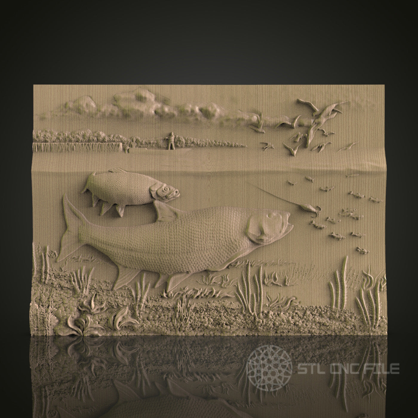 Fish Underwater Relief Art STL Model for CNC Router Engraver - Wood Art Wall Decor - 3D Printer File for Artcam and Aspire