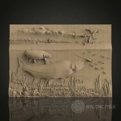 Fish Underwater Relief Art STL Model for CNC Router Engraver - Wood Art Wall Decor - 3D Printer File for Artcam and Aspire