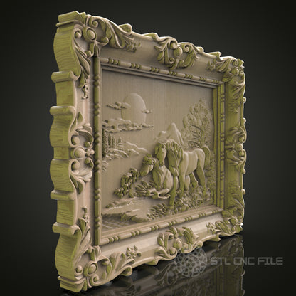 Intricate 3D Horse and Landscape Scene Frame - STL File for CNC and 3D Printing