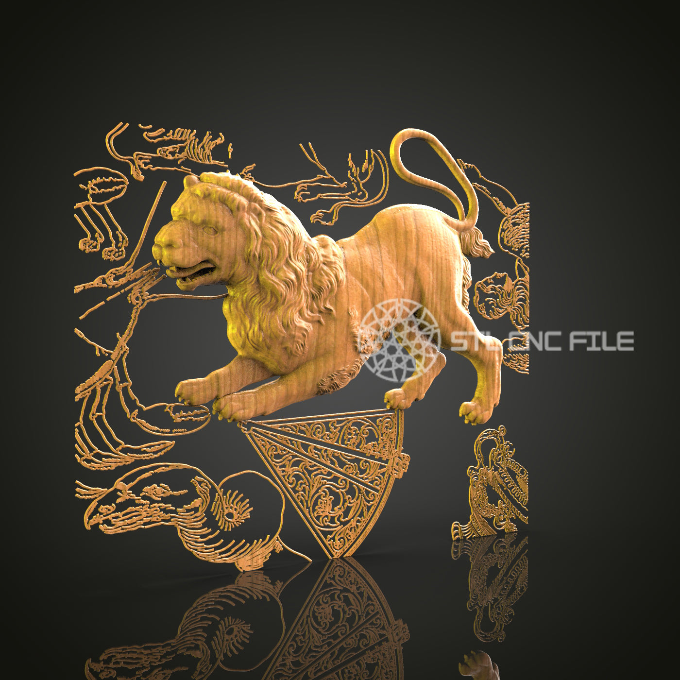 Majestic 3D Carved Lion with Heraldic Elements STL File for CNC and 3D Printing - Ornate Relief Art, Wall Decor, Digital Download