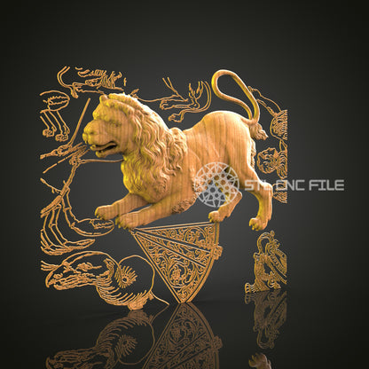 Majestic 3D Carved Lion with Heraldic Elements STL File for CNC and 3D Printing - Ornate Relief Art, Wall Decor, Digital Download