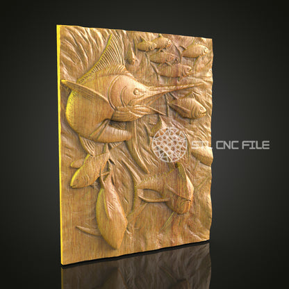 Dynamic Fish Scene CNC Carving File - Aquatic Wood Art for CNC Router, Compatible with Artcam, Aspire