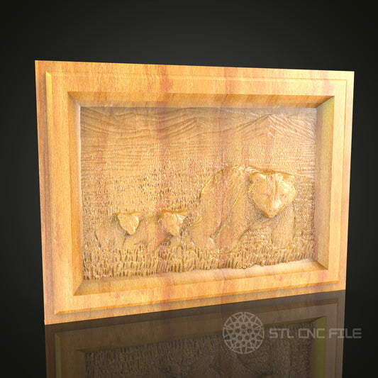 Sleeping Bears 3D Relief STL File for CNC, Wildlife Wood Wall Art