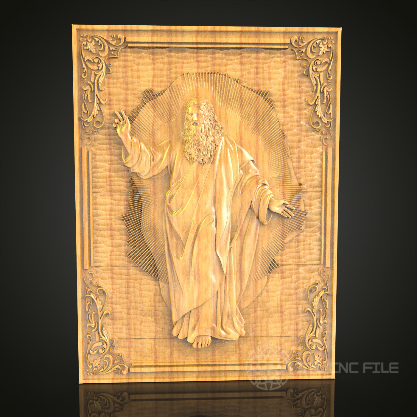 Divine Radiance 3D Relief Model for CNC – Sacred Figure Art, Ornate Religious Wood Carving File