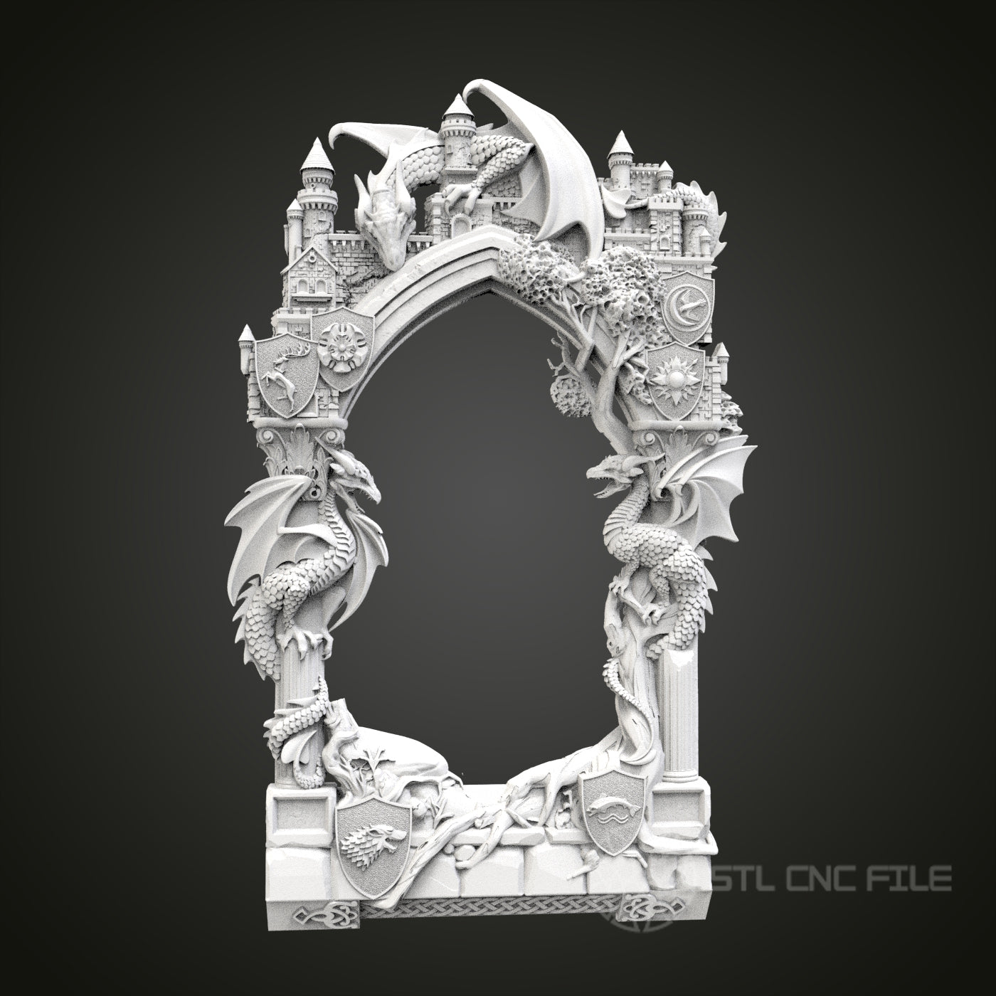 Exquisite Dragon Castle Arch STL Model for CNC Router Engraver, Artcam, Aspire, Wood Art Wall Decor