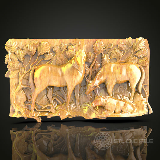 Forest Deer Family 3D Relief Model for CNC – Nature Scene, Wood Carving Digital File