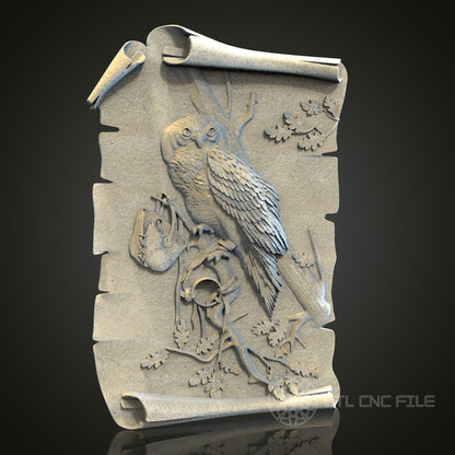 Ornate Owl on Scroll Relief STL Model for CNC and 3D Printing, Artcam, Aspire, Wall Decor