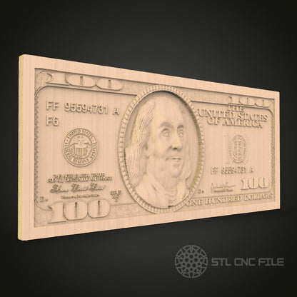 100 Dollar Bill 3D CNC Router Engraver File, STL Model for Artcam Aspire, Wood Wall Decor