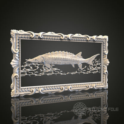 Intricate Fish in Frame Relief STL Model for CNC and 3D Printing, Artcam, Aspire, Wall Decor