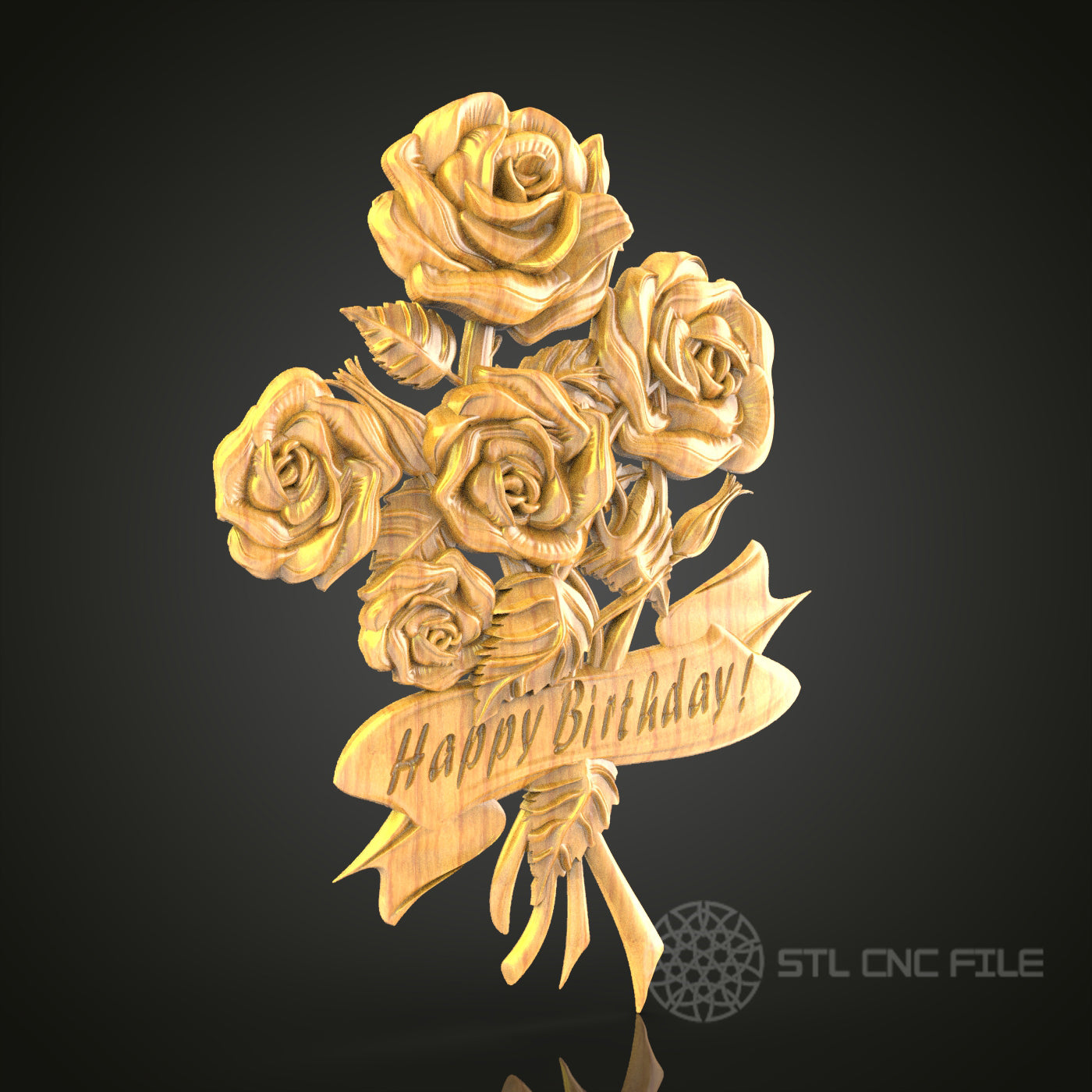 Eternal Roses - Happy Birthday 3D CNC Engraved Wood Panel, Artcam Aspire STL Model for CNC Router, Personalized Birthday Gift
