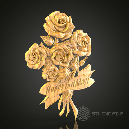Eternal Roses - Happy Birthday 3D CNC Engraved Wood Panel, Artcam Aspire STL Model for CNC Router, Personalized Birthday Gift