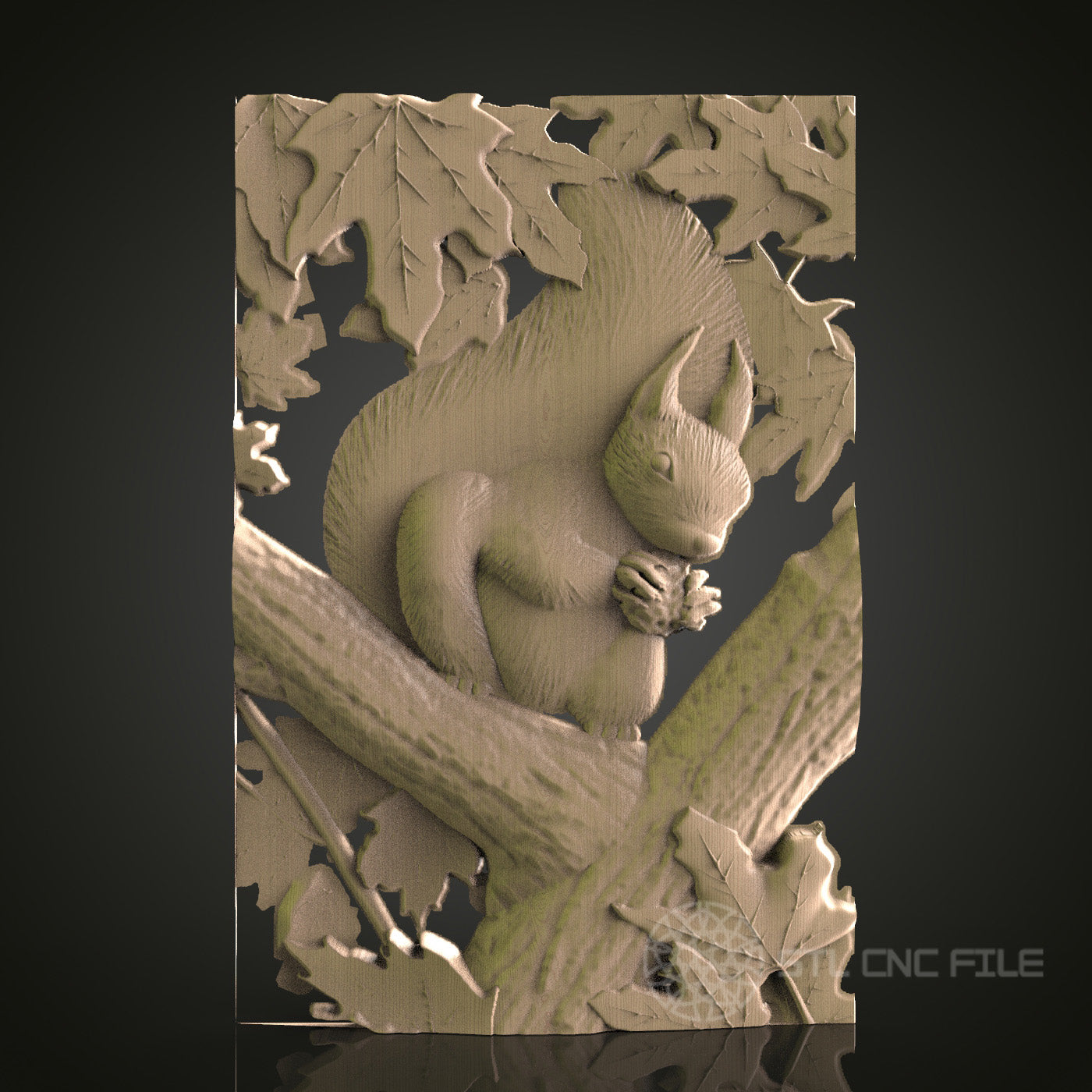 Squirrel on Tree Branch Relief Art STL Model for CNC Router Engraver - Wood Art Wall Decor - 3D Printer File for Artcam and Aspire