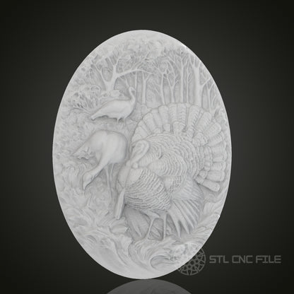 Turkey and Deer Oval 3D Relief Art for CNC Router, Artcam, Aspire, Wall Decor, STL Model, Compatible with 3D Printers