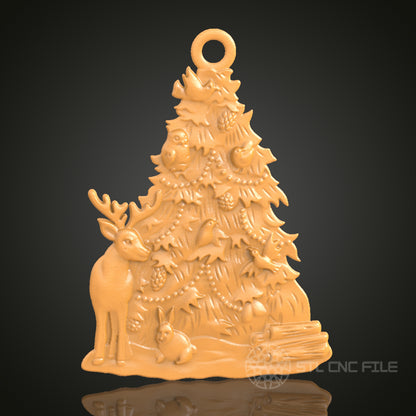 Christmas Tree Ornament with Deer and Forest Animals - STL Model for CNC and 3D Printing