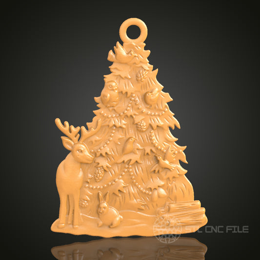 Christmas Tree Ornament with Deer and Forest Animals - STL Model for CNC and 3D Printing
