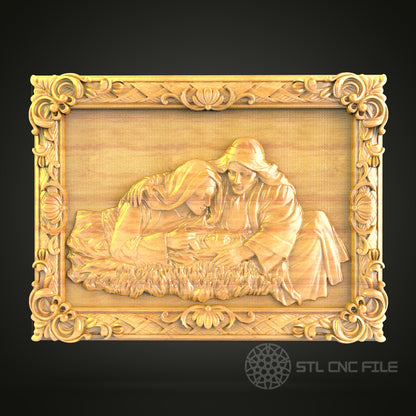 Mother and Child 3D Relief STL File for CNC, Heartwarming Wood Wall Art