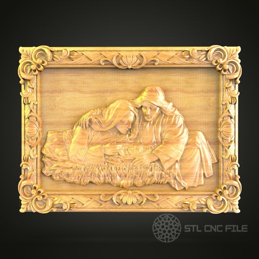 Mother and Child 3D Relief STL File for CNC, Heartwarming Wood Wall Art