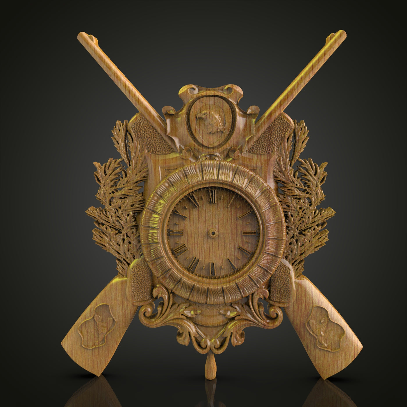 Ornamental Firearms and Leaf Clock STL Model for CNC Routing and Wood Art - Digital File for Artcam and Aspire