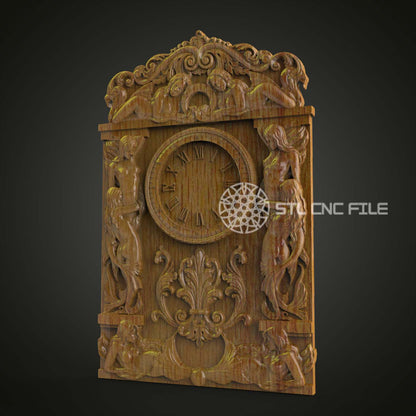 Baroque Mermaid Clock STL Model - CNC Engraving Files for Ornate Watch, Wood Art Artcam Aspire