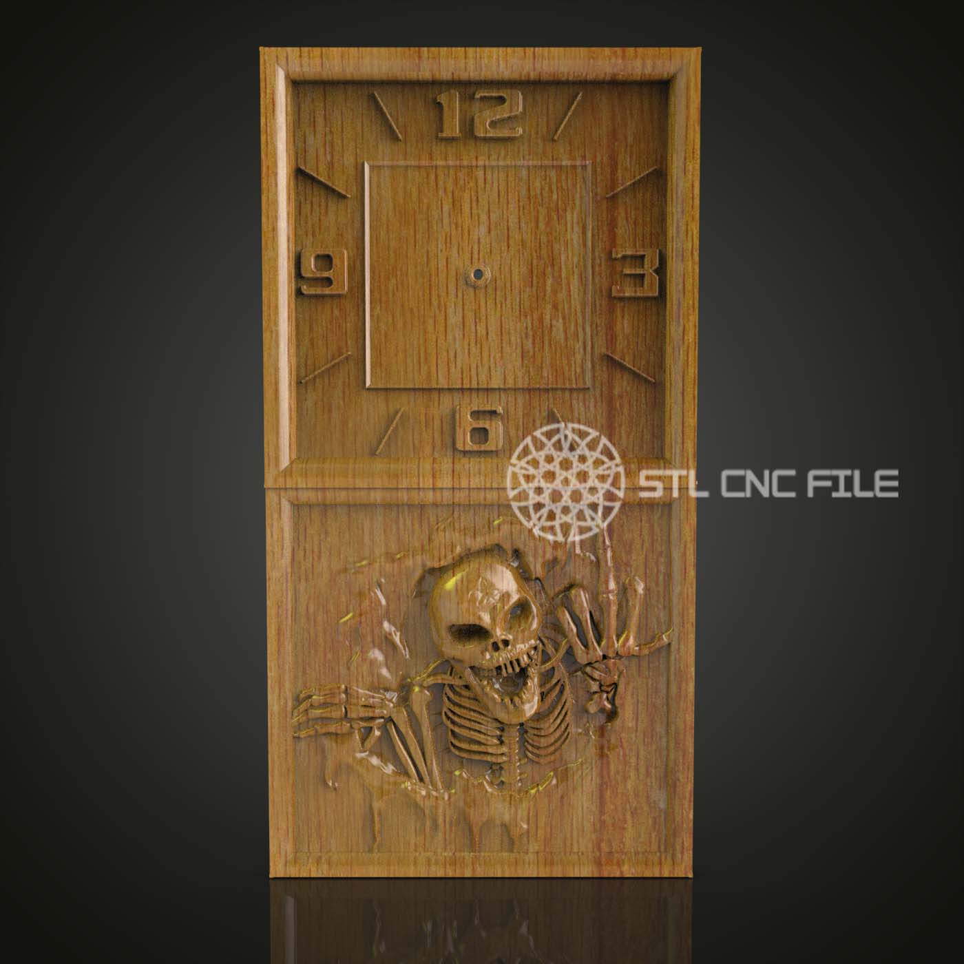 Horloge squelette gothique modèle STL pour gravure CNC, art du bois effrayant, décoration murale Halloween, fichiers CNC pour Artcam Aspire, pièce d'horlogerie unique