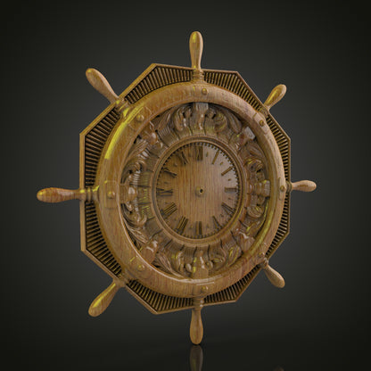 Nautical Ship Wheel Clock STL for CNC Router, Wood Artcam & Aspire, Maritime Wall Decor