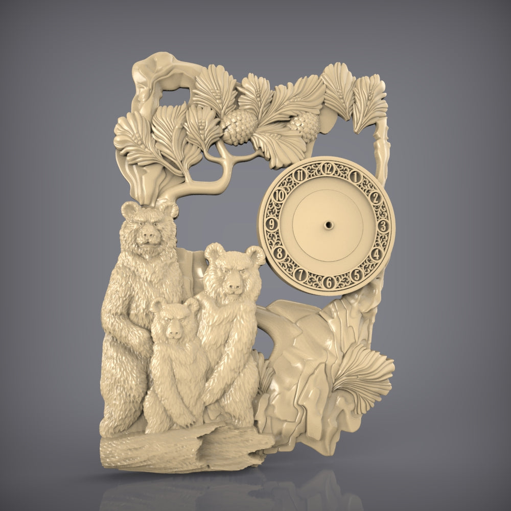 Forest Bear Family Clock STL Model, CNC Router Engraving File, Woodland Wall Art, Compatible with Artcam Aspire, Nature Inspired CNC Design