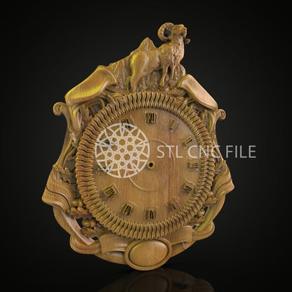 Mountain Ram 3D STL Clock Model - Rustic CNC Engraving File, Wildlife Art, Wood Wall Decor, Artcam & Aspire, Nature Inspired Timepiece