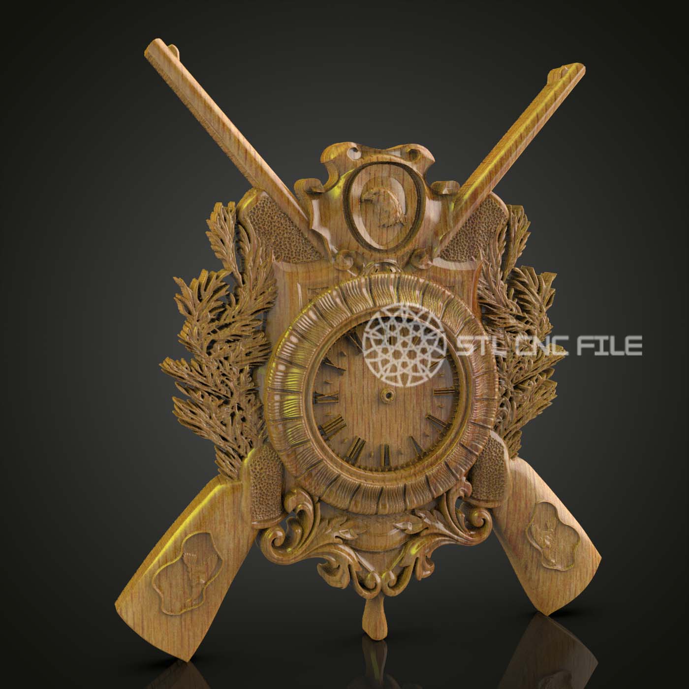 Ornamental Firearms and Leaf Clock STL Model for CNC Routing and Wood Art - Digital File for Artcam and Aspire
