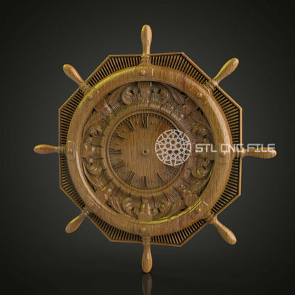 Nautical Ship Wheel Clock STL for CNC Router, Wood Artcam & Aspire, Maritime Wall Decor