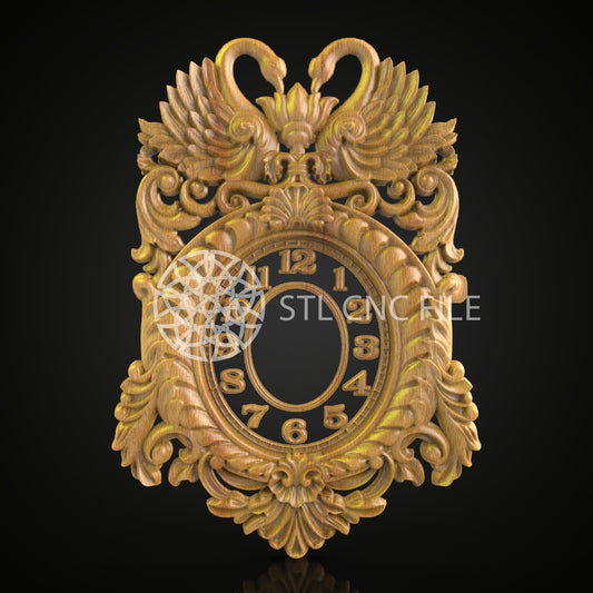 Baroque Swans Clock STL Model, Elegant CNC Router File, Wood Art Carving, Luxurious Wall Decor, Classic CNC Pattern, Artcam Aspire Files