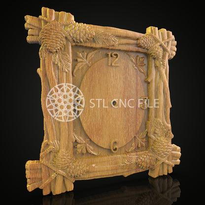Rustic Pine Clock STL Model, CNC Woodland Engraving File, Forest Theme Wall Art, Wood Sculpture Decor, Cabin Style CNC Files